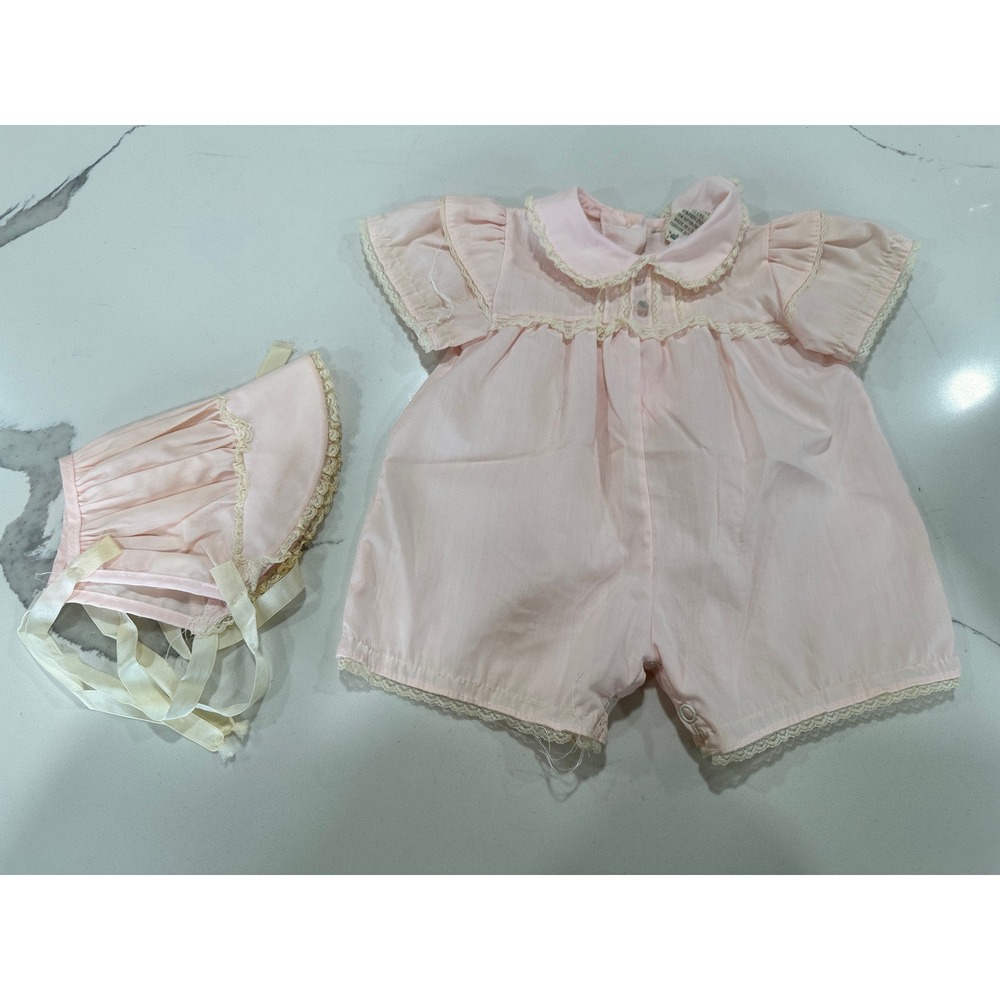 Vintage Alexis Baby Girl Pink Lace Romper and Bonnet Set Newborn NB 6-10 lbs USA